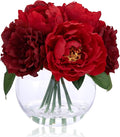WELL KNOWN Artificial Flowers in Vase, Silk Peonies Flowers for Vase with Faux Water, Fake Flower Arrangements for Thanksgiving Fall Winter Coffee Dinning Table Centerpieces Decor (Burgundy Red)