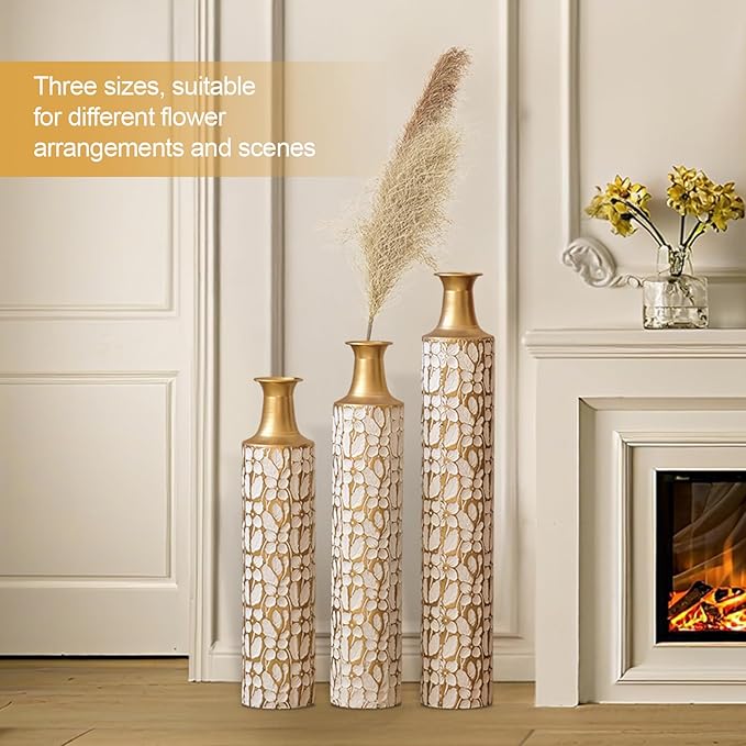 Floor Oversized Gold Metal Decorative Vase with 3D Triangle Pattern Set of 3 Large Vases for Home Living Room 33.5 ", 29.5 ", 25.2" High (Antique White)