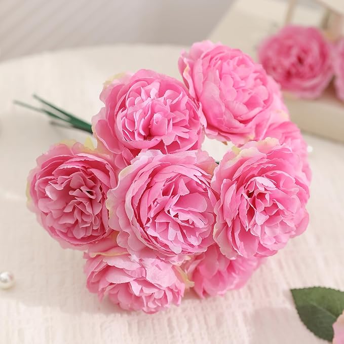 12 PCS Artificial Silk Rose Red Peony Flowers with Stems - 8 Inch Fake Peony Bouquet for Wedding, Home Decor, Office Table, Festival Gifts