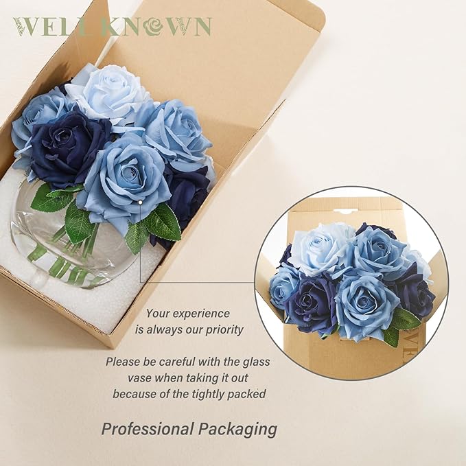 WELL KNOWN Silk Rose Artificial Flowers with Vase Artificial Rose Flower Arrangements in Round Bowl Vase with Faux Water for Home Table Decoration (Bicolor Blue)