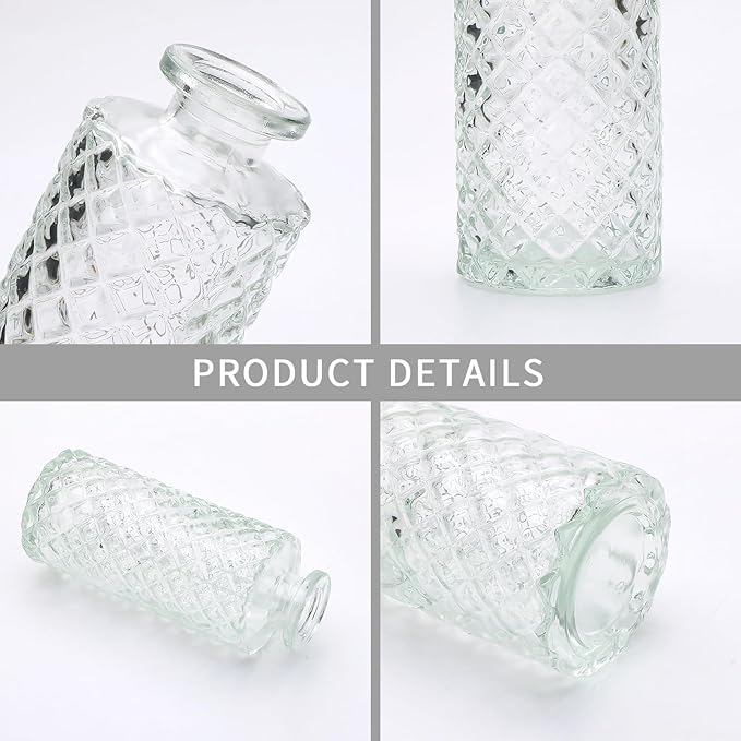 Brajttt Glass Bud Vase Set in Bulk, 9pcs Mini Vintage Flower Vases for Wedding, Clear Relief Vase for Centerpieces,Home Table Flower Decor, Party Decorations