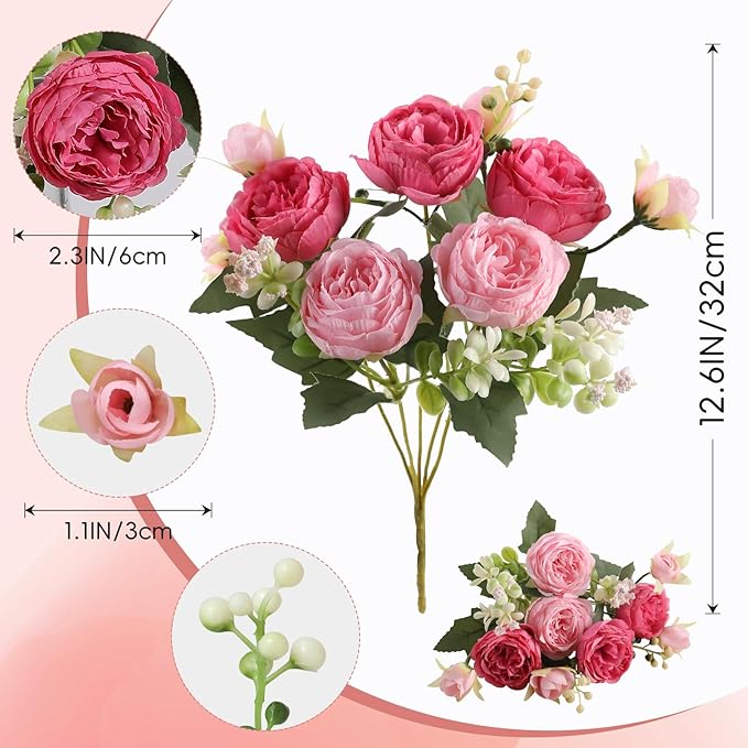 Floweroyal 2 Bunches Peony Artificial Flowers Pink Flowers Silk Peonies Bouquets for Wedding Party Table Centerpieces Floral Arrangement Home Kitchen Decor