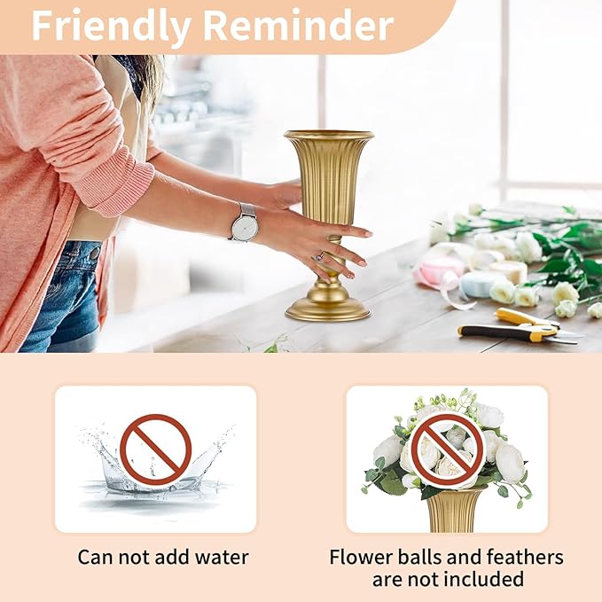 Nuptio Pcs of 10 Flowered Metal Trumpet Vase Elegant Wedding Centerpieces Vase for Party Decoration, 23.2cm/9.13" Tall Artificial Flower Arrangements for Anniversary Ceremony