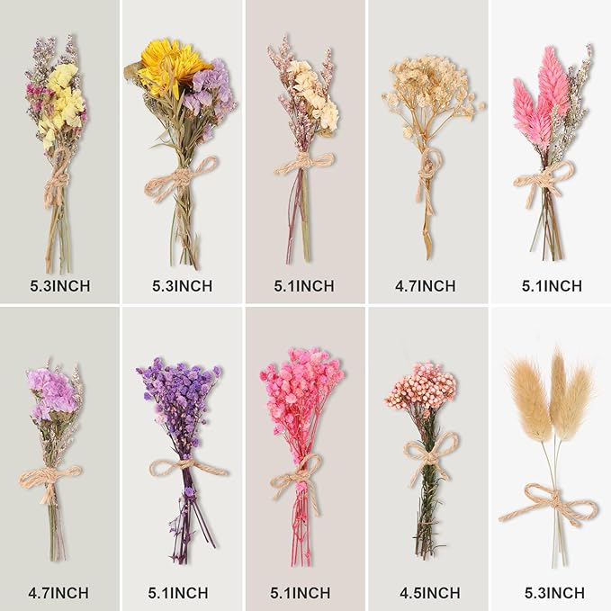 VAIPI 10 Pack Dried Flower Bouquets Various Dried Flower Combinations with Stem Mini Dried Embossing Natural Flower Bundles Artificial Flower Dried Floral Arrangement for Vase DIY Wedding Decor