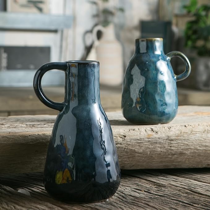 Ceramic Vase Set of 2, Blue Glazed Small Pottery Vases with Handles, Decorative Clay Vase Modern Farmhouse Decor, Centerpiece Dining Table Decorations Porcelain