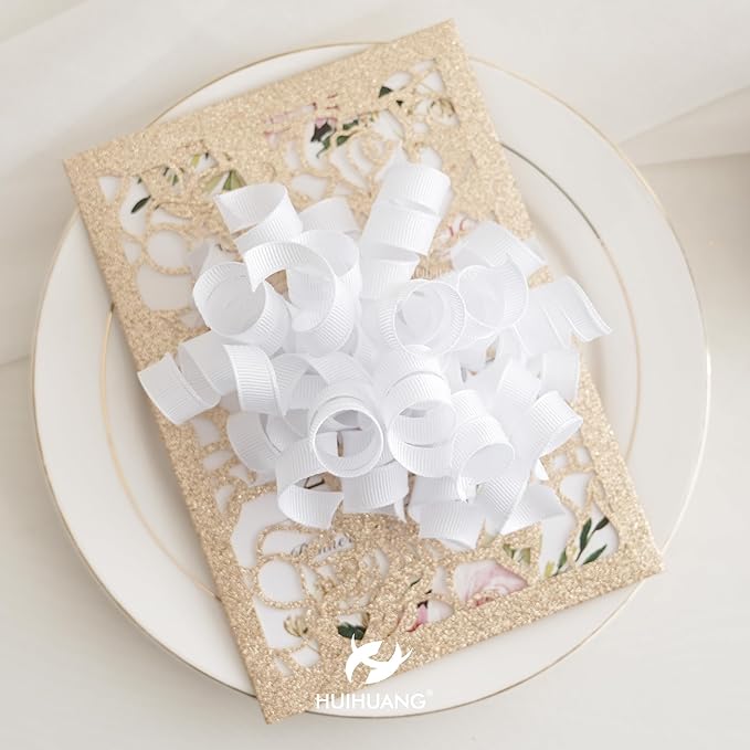 HUIHUANG White Bows for Gift Wrapping, White Curly Ribbon Bows Self Adhesive Burst Gift Bow for Christmas Presents, Wine Bottle, Treat Bags, Bridal Shower Wedding Party Favor - 6 Counts