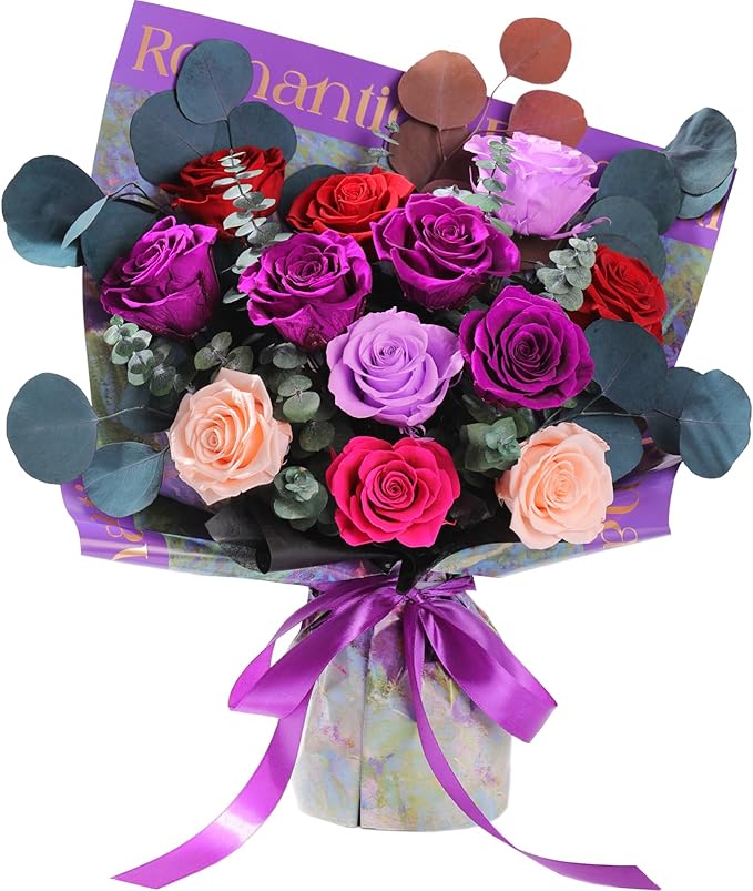 Flowers for Delivery Birthday Flowers Gift for Her,Preserved Flowers Bouquet 12 Roses Mixed Bouquet,Rose Gifts for Women Mom Grandma(Mixed 12 Purple-B Roses)