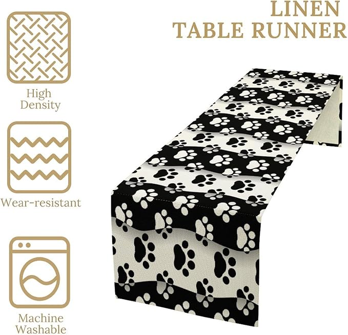 Dog Paw Table Runner,Kid Cute Animal Footprint Black White Theme Design Print Tablecloth Burlap for Hotel Indoors Outdoor Dining Room Kitchen Home Decor,W13X L36 in