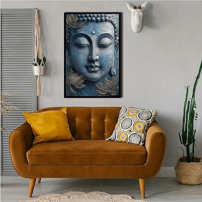 Canvas wall art Golden lotus crown Serene Buddha poster Ethereal blue toned art with delicate floral decor Zen wall art for a tranquil meditation space 24x36in Metal blackFramed