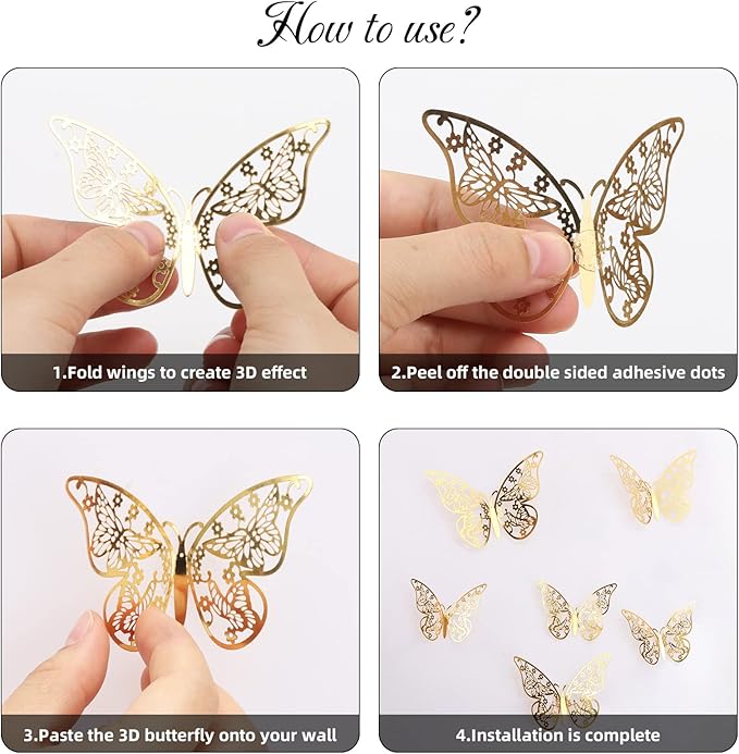 144 Pcs Gold Butterfly Wall Decor, 3D Butterfly Stickers 6 Styles and 3 Sizes, Removable Mural Stickers Metallic Butterflies Decorations for Walls