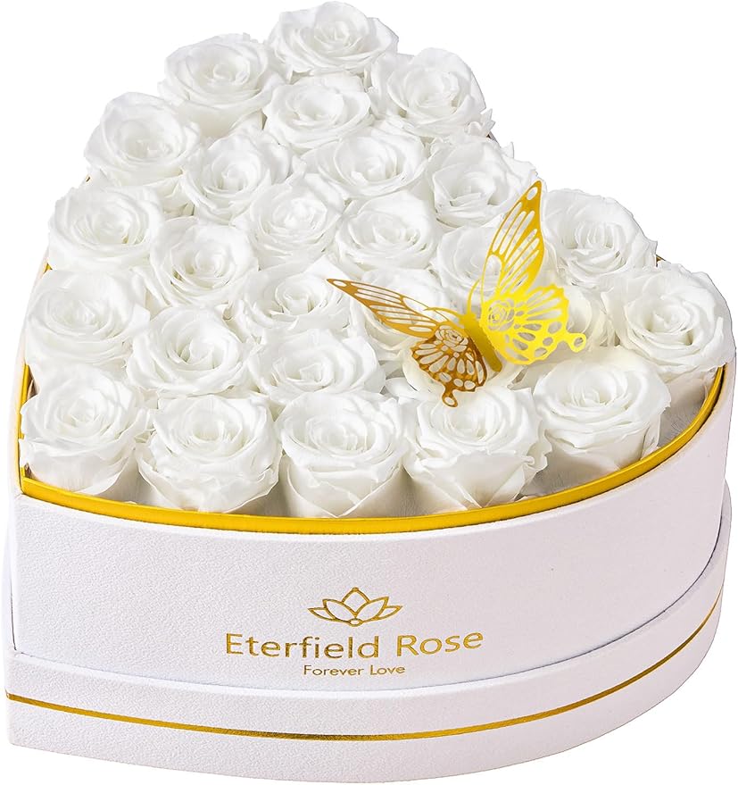 Eterfield Forever Flowers in Heart Shape Box, Preserved Roses That Last a Year Preserved Flowers Birthday Gifts for Her Mom Women Wife Anniversary Valentine's Day Mother's Day (27 Roses, White)
