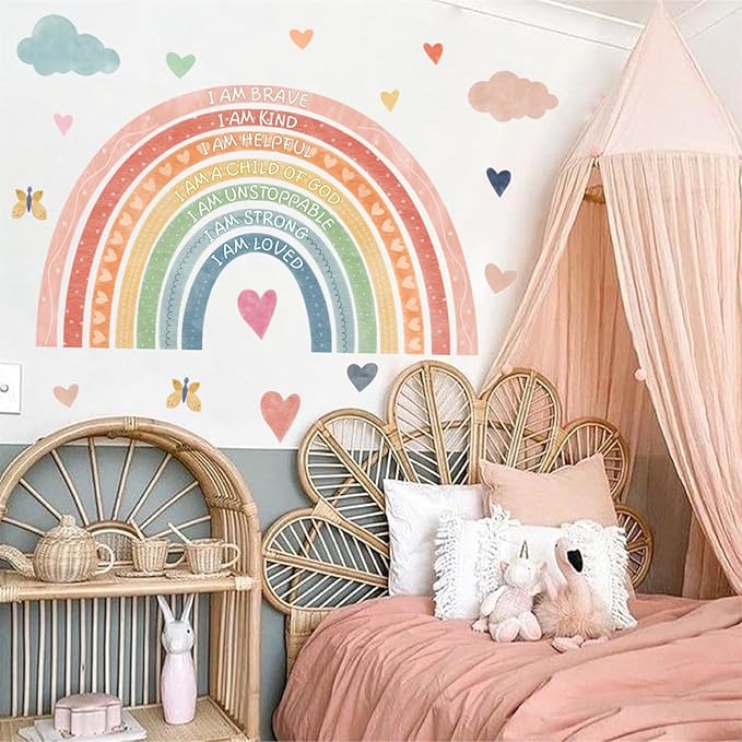 Rainbow Wall Decal Kids Inspirational Wall Stickers Watercolor Rainbow Wall Decals for Nursery Pastel I Am Decor Motivational Vinyl Walls Sticker for Kids Bedroom Playroom,20.6"x34"