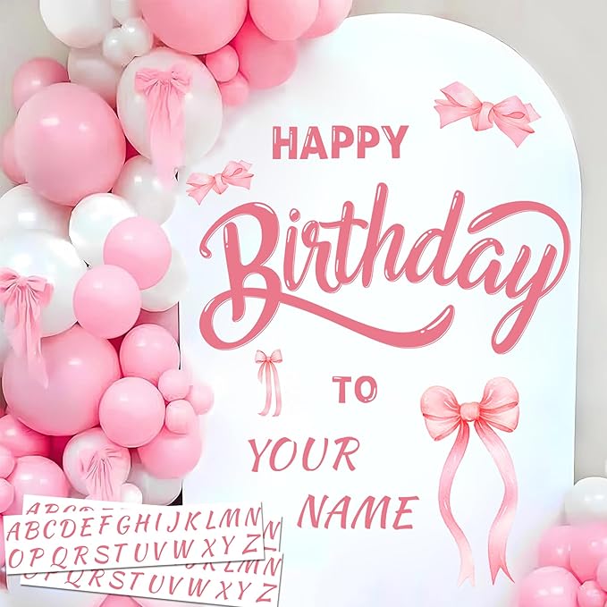 Custom Name Happy Birthday Signs for Backdrop Sweet Girl Birthday Party Vinyl Stickers for Pink Bow Balloon Arch Decoration Women Happy Birthdays Letters Banner Photo Background Sticker Party Supplies