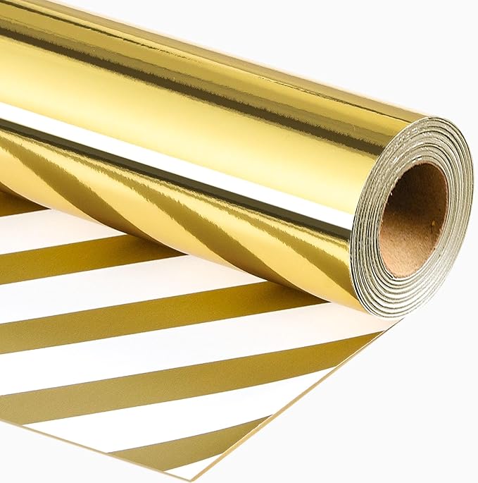 Merture Reversible Gold Wrapping Paper Roll - 17 In X 32.8 Ft(46.5 sq.ft.) Metallic Gold and Stripe Design Gift Wrap for Christmas, Wedding, Birthday, Valentines Day, Mothers Day, Baby Shower