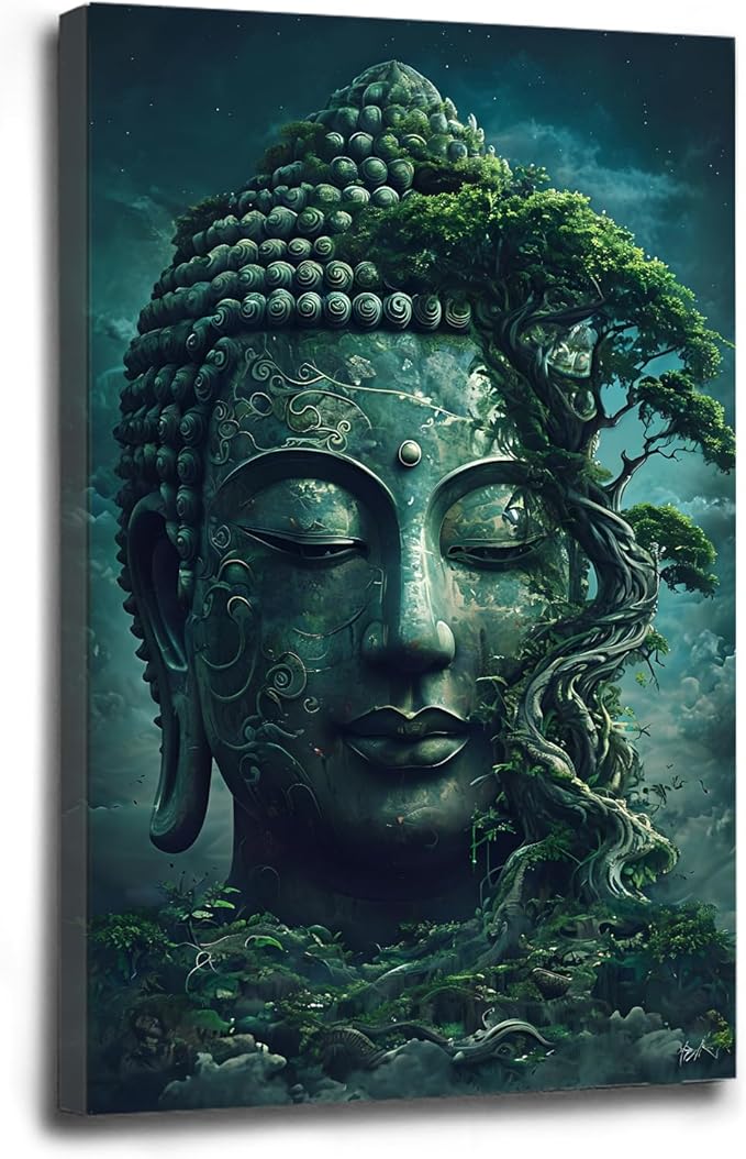 Buddha statue wall art canvas wall decor aesthetic picture mystical nature art for tranquil home and spiritual space 16x24in Wood Framed