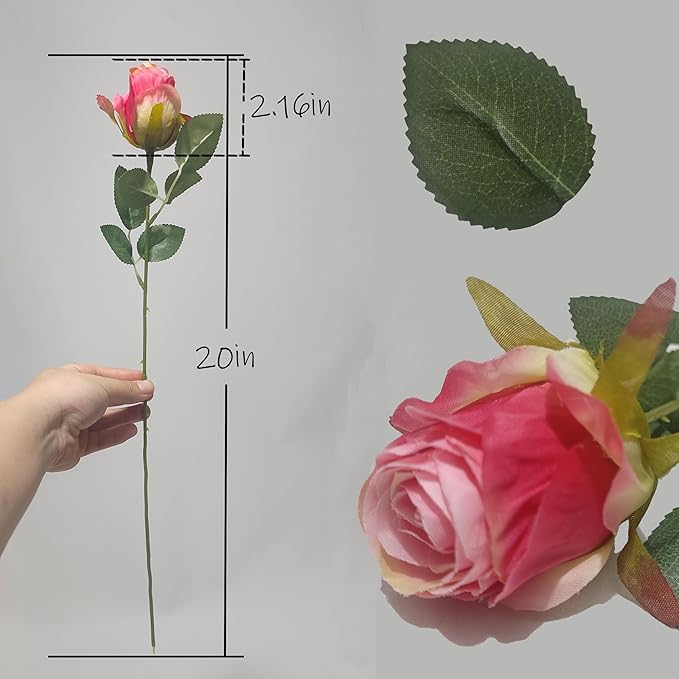 Artificial Roses 10 Pcs - Lifelike Single Stem Fake Roses with Natural Petal Texture,Fade-Resistant Silk Flowers for Wedding Decor,Home Vase Arrangements,Party Centerpieces(10, Deep Pink)