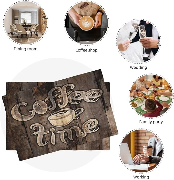 Coffee Linen Table Placemats Set of 6 Coffee Cup Vintage Wooden Print Placemat Indoor Outdoor Party Home Desktop Kitchen Dining Room Decoration 12x18 Inch