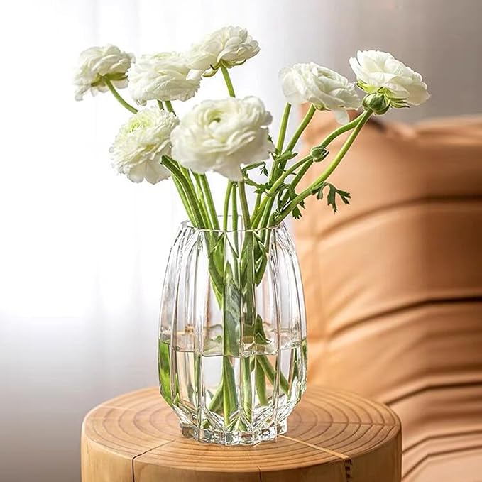 Flower Vase,7.8 inch,GIDARY Thickened Clear Ribbed Glass Vase for Bookshelf,Dinner Table,Indoor Office Desktop,Meeting Room,Home Christmas Day Decoration