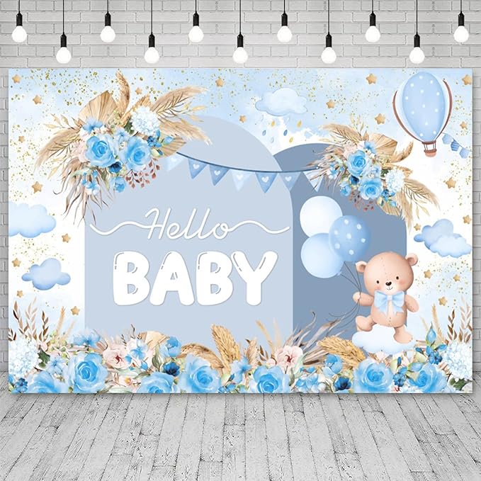9x6ft Hello Baby Backdrop Blue Gold Boho Floral Bear Baby Shower Photography Background Balloon Stars Clouds Banner Decorations Welcome Newborn Celebration Party Portrait Photo Booth Prop