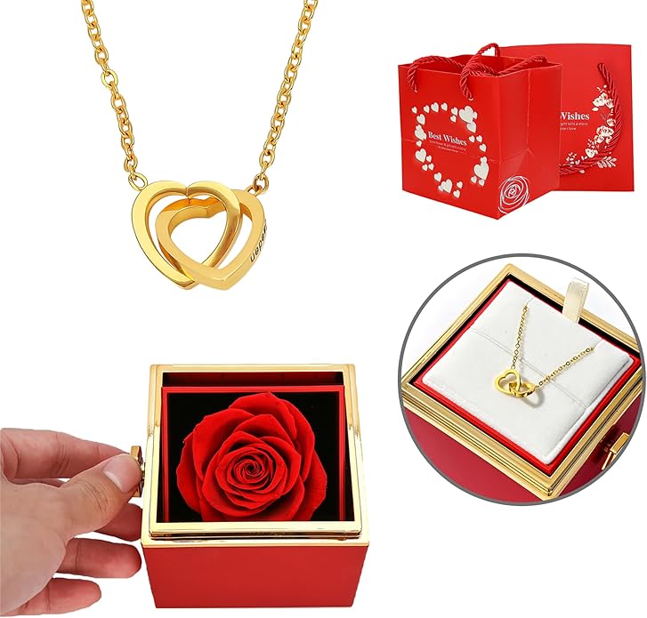 ‌TINGKU Eternal Real Rose Gift Box for Women, Preserved Rose with Customized Name Engraved Heart Necklace, Personalized Romantic Gift for Wife, Girlfriend, Mom, Mother's Day Love Keepsake