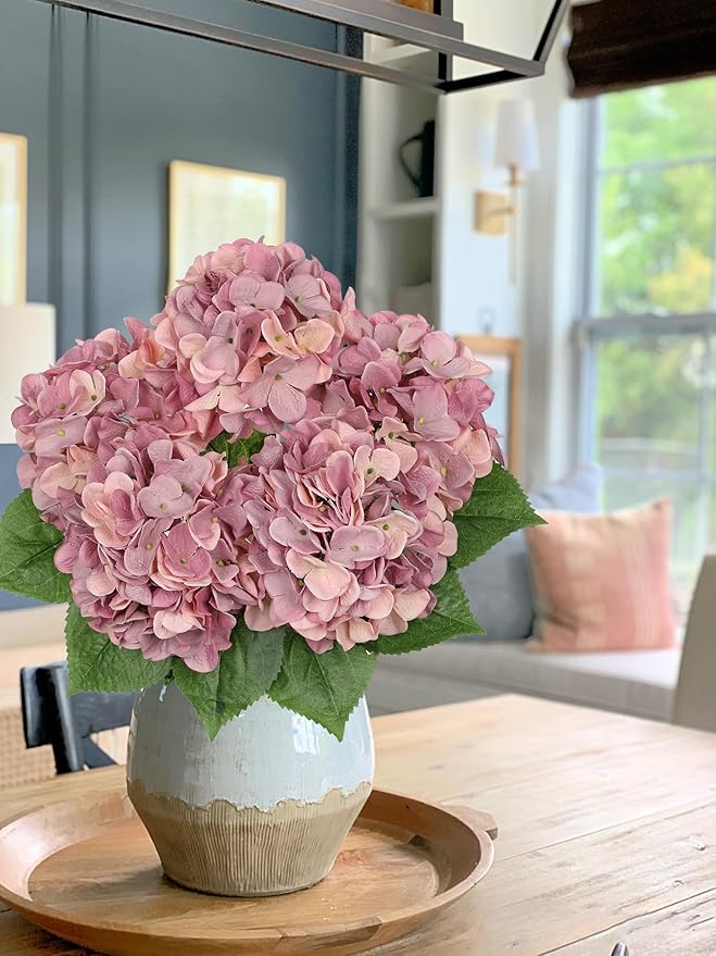 Hollyone Pink Purple Hydrangea Artificial Flowers Large Artificial Hydrangeas Silk Flowers for Home Decor Indoor Wedding Flowers Bouquets Faux Flowers Kitchen Centerpiece Table Decorations