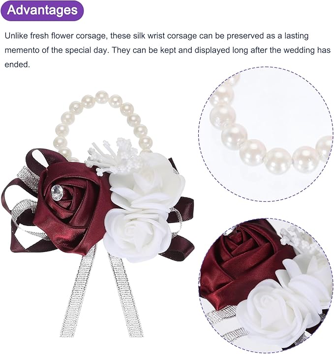 MECCANIXITY 12Pcs Wrist Corsage Artificial Flower Bracelets Rose Wrist Bride Groom Decorative for Wedding Ceremony Prom Party Anniversary Wine Red