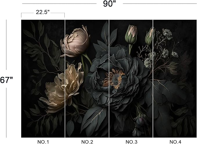 Eierme-Mysterious Black Peony Mural Wallpaper Peel and Stick 90" x 67"