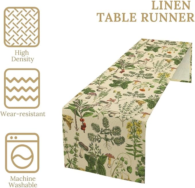 Vintage Botanical Table Runner, Antique 1900s Plants Herbs Mushroom Boho Retro Wildflower Ferns Print Table Runner for Farmhouse Kitchen Indoor Outdoor Decoration, 13x60inch