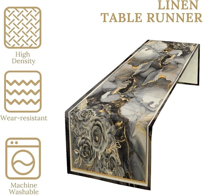 Grey Marble Flower Table Runner, Black Grey Marble Golden Veins Abstract White Natural Texture Floral Dinner Runner Table Decoration for Home Kitchen Dining Holiday Party 13x60in
