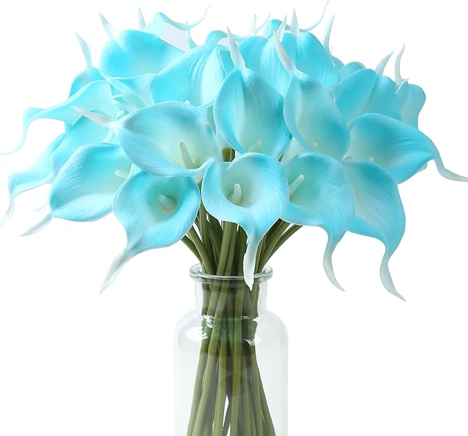 SITUMEIZI 24 PCS Fake Flowers Artificial Calla Lily Silk Flowers Real Touch for Mother's Day Easter Home Kitchen Decor Wedding Bouquet Office Spring Decoration(Peacock Blue)
