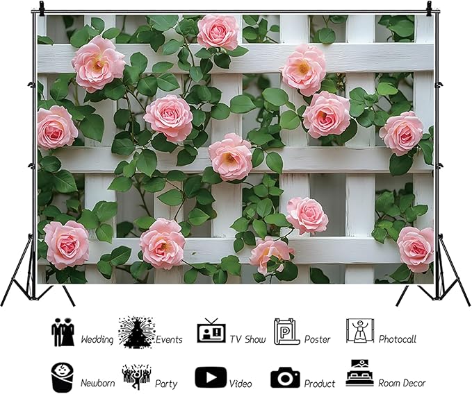 Baocicco 10x7ft Flowers Fence Backdrop Photography Pink Rose Green Leaves White Spring Floral Farmhouse Background for Bridal Shower Wedding Birthday Party Backdrops Decoration Photo Prop Photoshoot