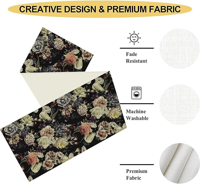 Gothic Floral Table Runner, Vintage White Blue Floral Boho Flower Garden Botanical Spring Seasonal Print Table Center Decor for Family Kitchen Table Decorations Indoor Outdoor 13x72 inch