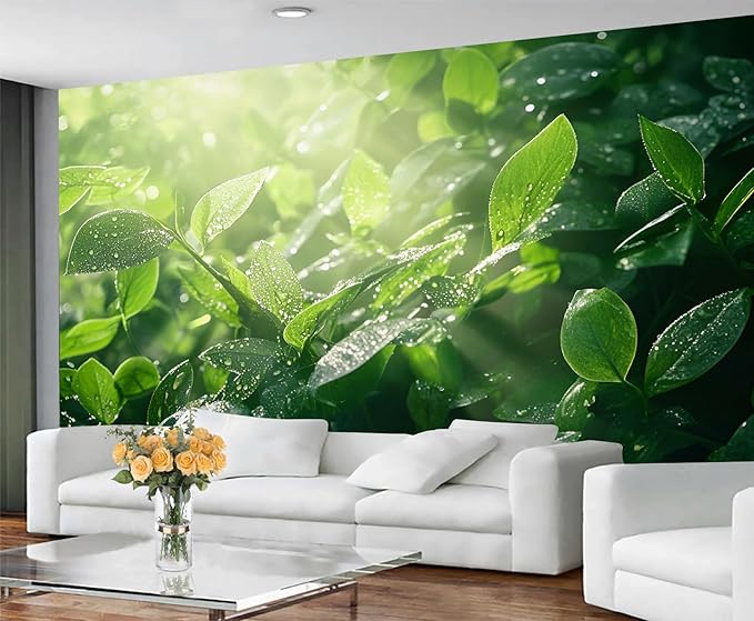Dewdrops Green Leaf Wall Mural, Botanical Forest Sunlight 3D Wall Murals, Refreshing Nature Wallpaper Mural, for Living Room Bedroom Large Wallpaper Indoor Decor 169.3" W x118.2 H