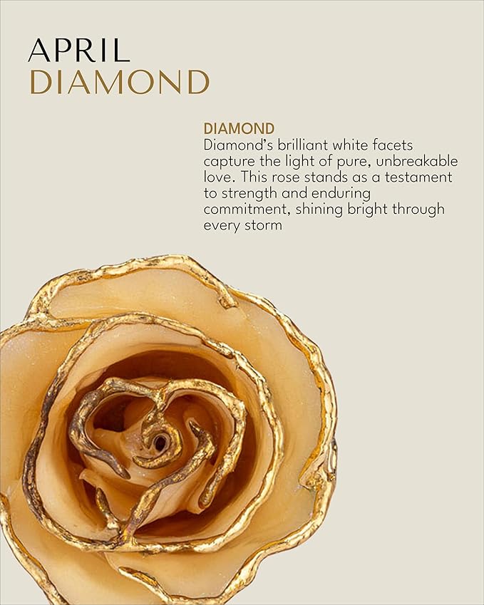 Forever Rose Hand-Dipped in 24K Gold, Diamond-Inspired April Birthstone with Sparkles, Real Rose in Leather Case with LED Light – Perfect Ready to Gift for April Birthday or Any Occasion