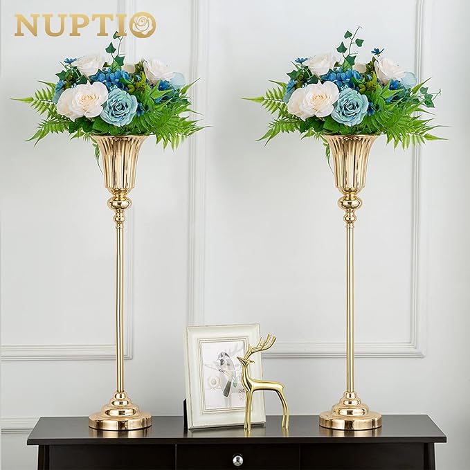 NUPTIO Centerpiece Vase Tall Gold: 2 Pcs 30.5" Wedding Flower Stand for Table Metal Trumpet Vase for Party Decorations
