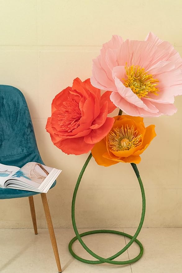 16" 3D Paper Flower Decoration for Wall, Giant Paper Flowers, Large Handcrafted Paper Flowers (Orange Red/Orange Yellow/Pink, Set of 3)