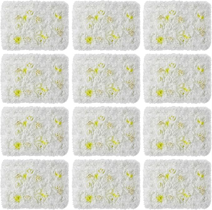 Artificial Flower Wall Panels, Silk Wedding Flower Wall Backdrop Panel, 3D Floral Panel Artificial Floral Wall Mat Flower Screen for Photo Party Wedding Wall Background Decor (12PCS White)