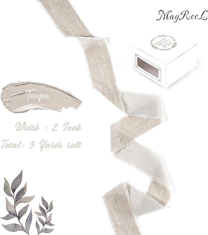 MAYREEL 2 Inch Taupe Velvet Ribbon Hand Torn Beige Silk Frayed Edge Ribbon for Bridal Bouquets Invitations Wedding Vow Books Gift Baskets Hair Bows 3 Yards