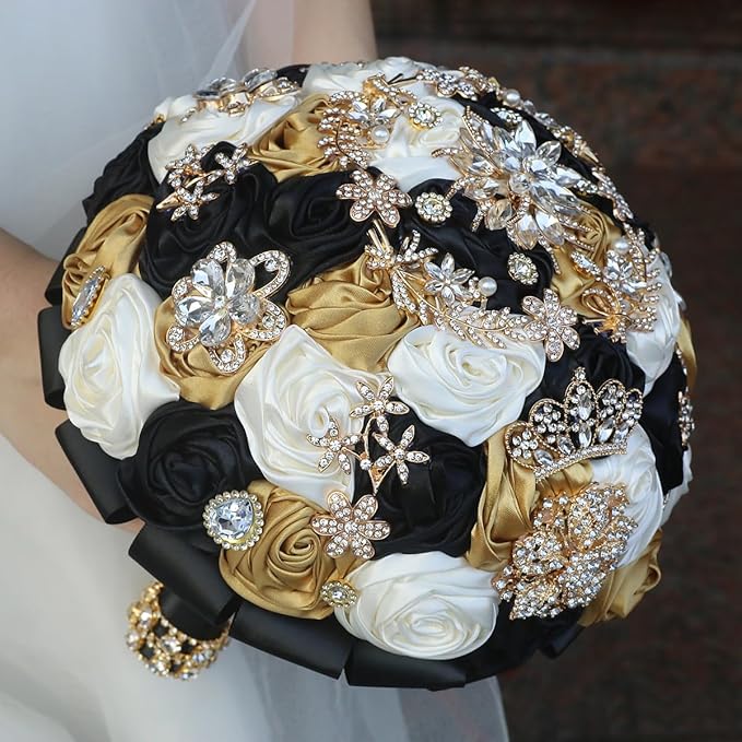 Handmade Satin Rose Floral Bling Pearl Decor Bridal Wedding Bouquet Rhinestone Pendant Artificial Brooch Flowers for Bride Bridesmaid Quinceanera