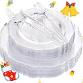 Liacere 150PCS Clear Silver Plastic Plates & Disposable Silver Plastic Silverware with Glitter Bamboo Handle Cutlery-Baroque Clear Disposable Plates for Wedding & Easter day & Mother's Day