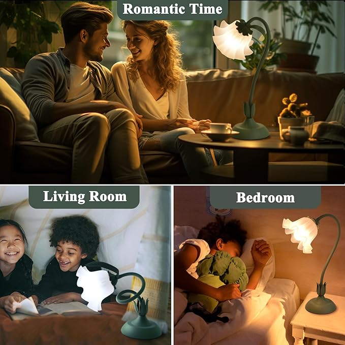 Flower Table Lamp, 3 Level Brightness Vintage Flower Reading Light with E26 Bulb, Cute Desk Lamp Bedside Lamps Lily Lamps for Nightstands Living Room Bedroom Ambient Lighting Home Decor, Metal Base