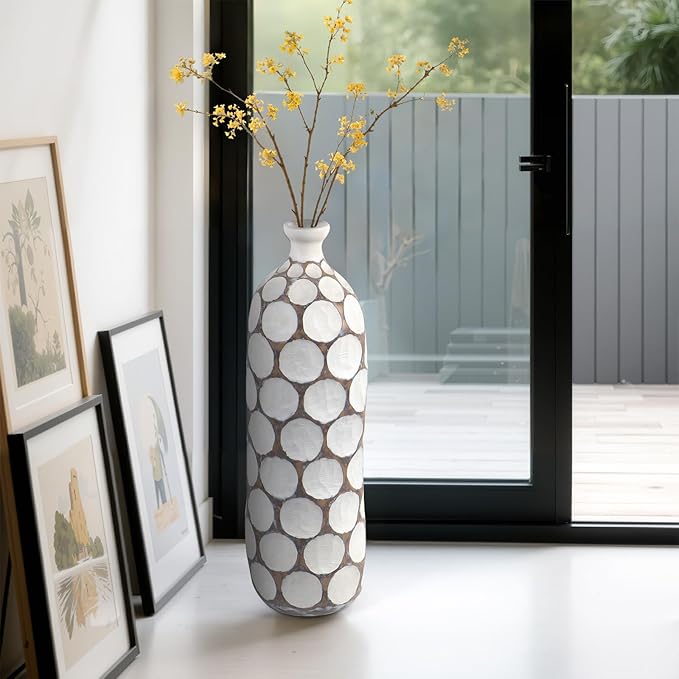 Modern Large Floor Vase,White Resin Vase with Carved Divots for Home Decor,22.2'' Tall Flower Vases for Entryway Living Room
