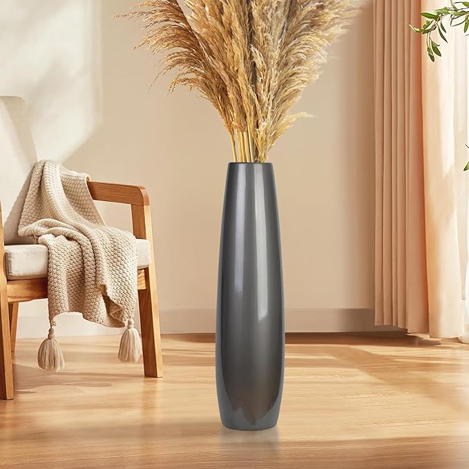 Silvery Ceramic Tall Floor Vase,24 Inch Large Modern Flower Vases for Home Décor,Wicker Big Floor Vases Decorations for Farmhouse, Living Room,Bedroom,Standing Plastic Vase Decorative Tall