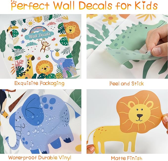 AOWDIAO Animals Wall Decals, Cute Safari Wall Stickers for Baby Kids, Jungle Theme Decor for Nursery, Classroom, Playroom, Bedroom
