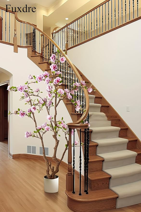 Faux Magnolia Tree 6.8 ft - with 57 Pcs White-Purple Flowers - Tall Artificial Plants Indoor, Large Fake Plant Perfect Potted Magnolia Flower Decor for Living Room, Stairs, Shop, Porch, Study Room