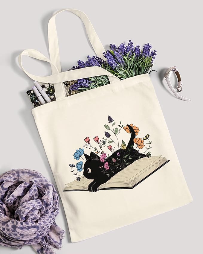 AUSVKAI Cute Cat Book Canvas Tote Bag for Women Reusable Cotton Grocery Bag Beach Totes Gift