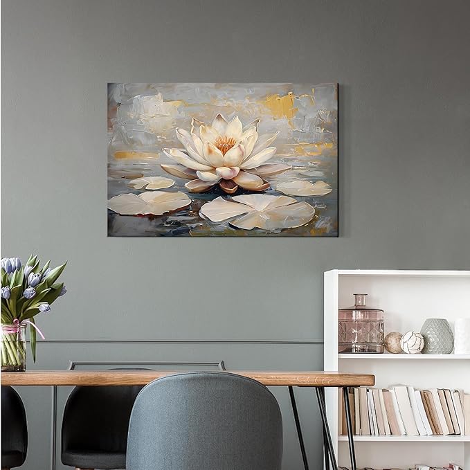 Ethereal white lotus floating on Crystal Waters poster vintage oil painting printwall art soft blush and gold accents serene home and office decor dreamy 24x36in Frameless