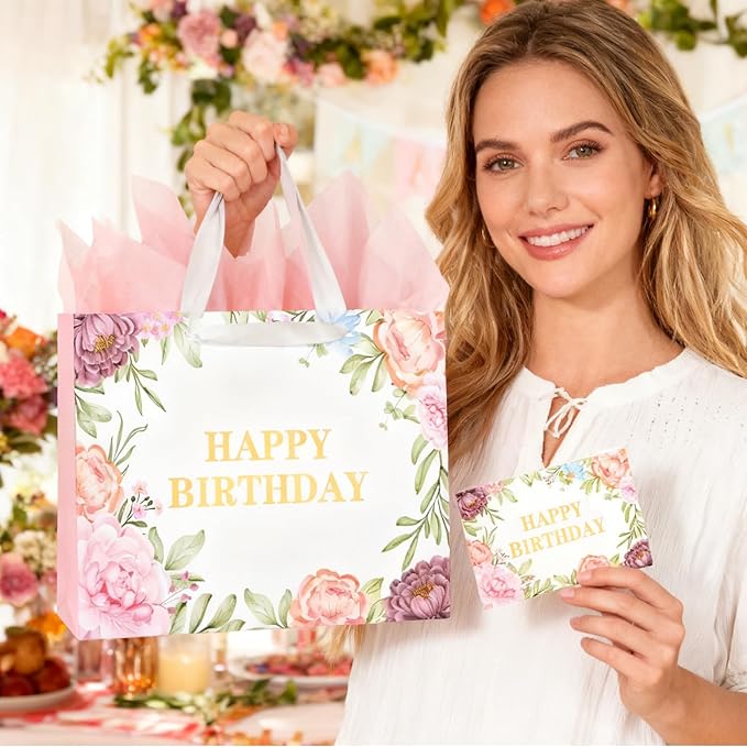 ASYEHJNR 13" Large Size Happy Birthday Gift Bag Metallic Gold Happy Birthday Sign with Floral Peony Flower Pattern Retro Gift Bag with Greeting Card and Tissue Paper and Handle for Girls Women Bday