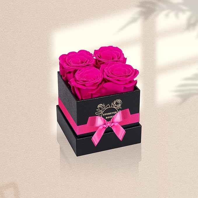 4-Piece Preserved Roses in a Box, Preserved Flowers, Roses Gift for Her, Hot Pink