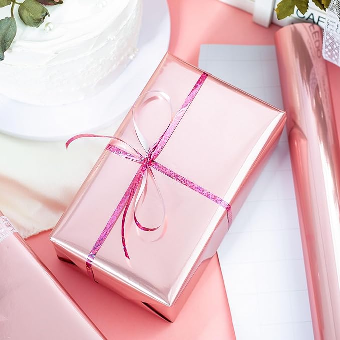 Merture Pink Wrapping Paper Roll - 17 In X 32.8 Ft(46.5 sq.ft.) Metallic Pink Solid Color Gift Wrap with Grid Cutting Lines for Valentines Day, Mothers Day, Wedding, Baby Shower, Birthday, Christmas